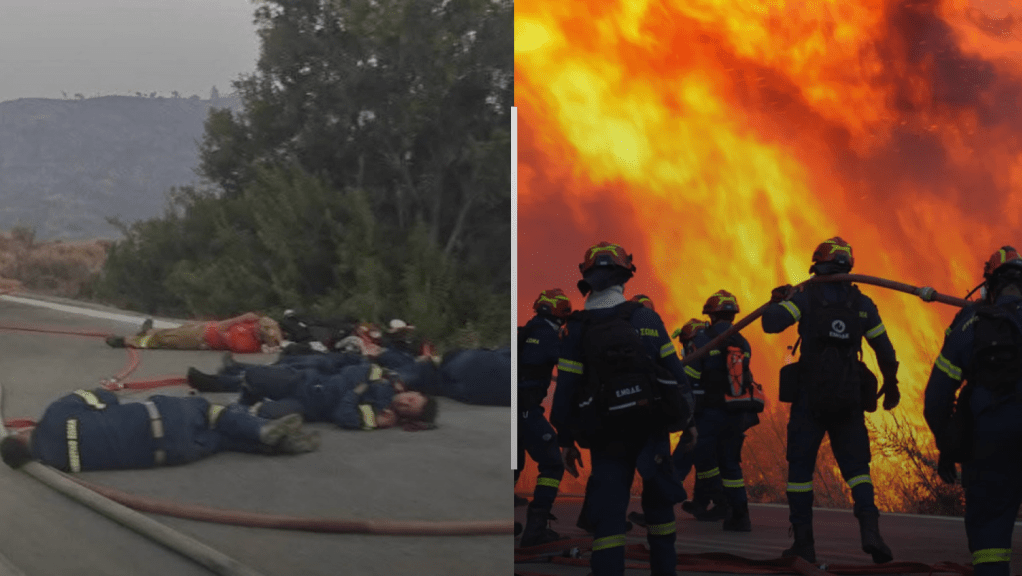 Ελλάδα: Κρατάτε γερά  – Εξαντλημένοι οι πυροσβέστες στην Χίο ξάπλωσαν στην μέση του&nbsp;δρόμου